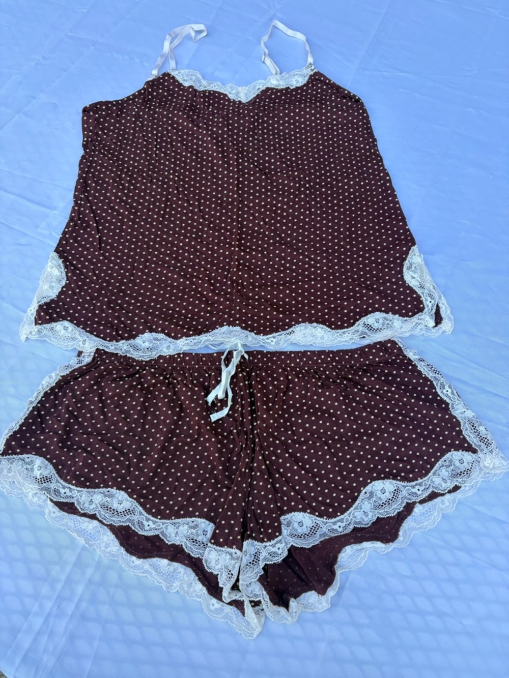 aerie Brown Polka Dot Lace-Trim Cami & Short Set - Medium